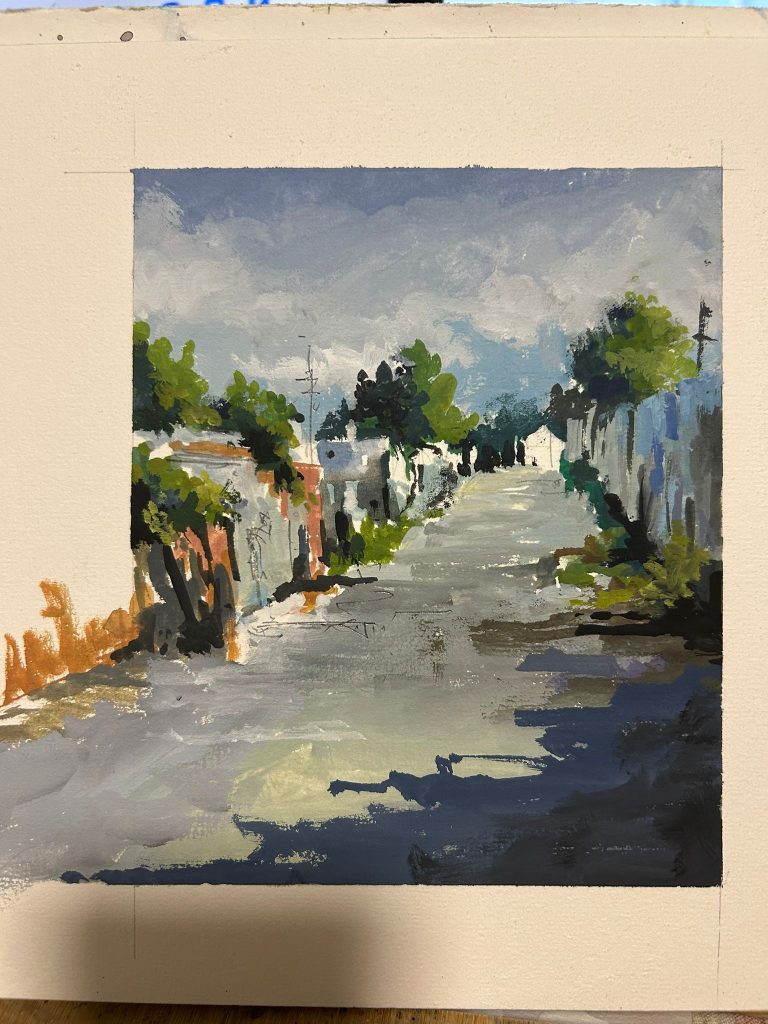 Paisaje urbano pintado con gouache sobre papel